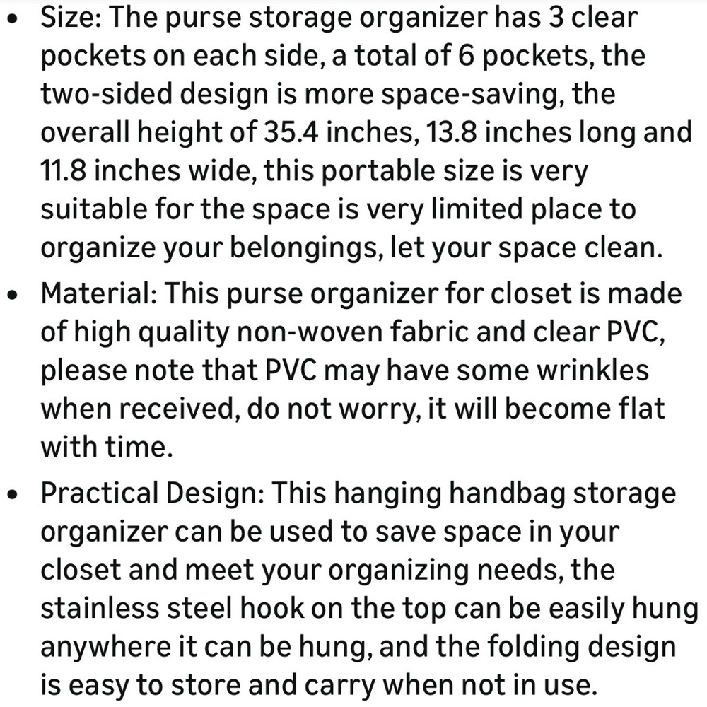 Hanging Handbag Organizer Dustproof Storage Holder Bag Wardrobe Black Lot of 2 - Picture 9 of 11